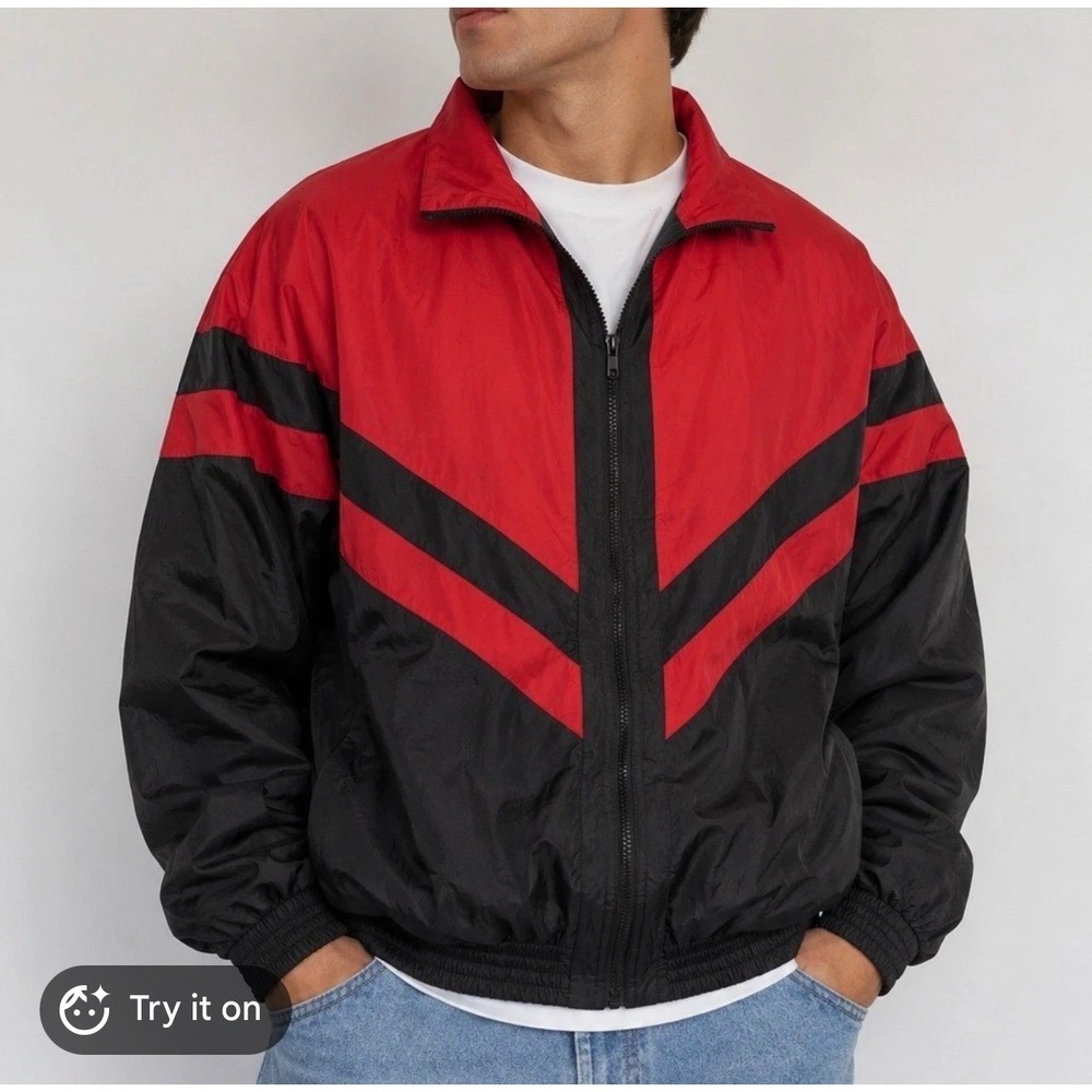 1980s Vintage John Blair Men Track Jacket 3XL 100% Silk Red Black Chevron Zip Up